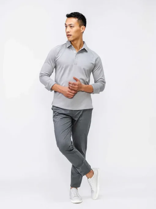 Store Grey White Heather (Brushed) Men'S Apollo Raglan Long Sleeve Polo Men'S Polos, Tees & Henleys